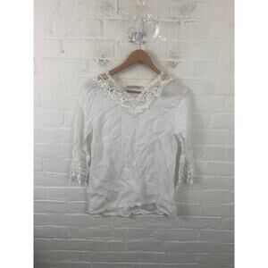 Vanessa Alexandra Women's Linen Blend Crochet Lace Blouse Top White Size Medium